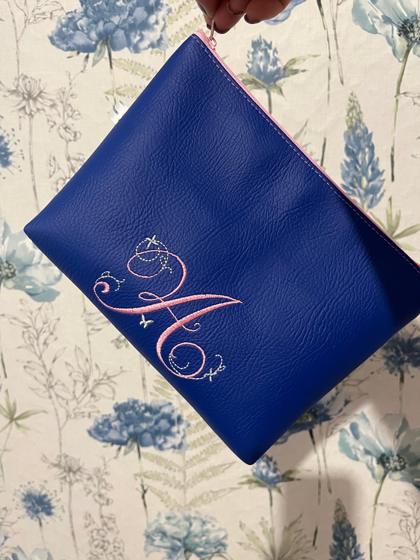 Blue Cosmetic Bag with Floral Embroidery - Handmade Faux Leather
