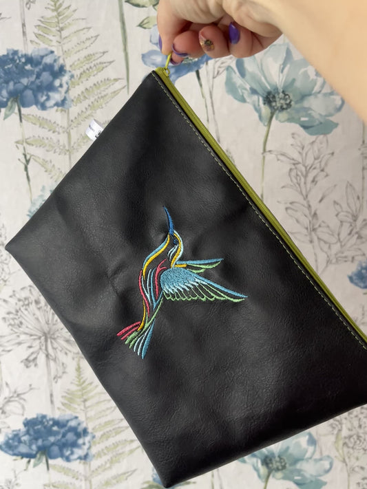 Black Cosmetic Bag with Hummingbird Embroidery - Handmade Faux Leather