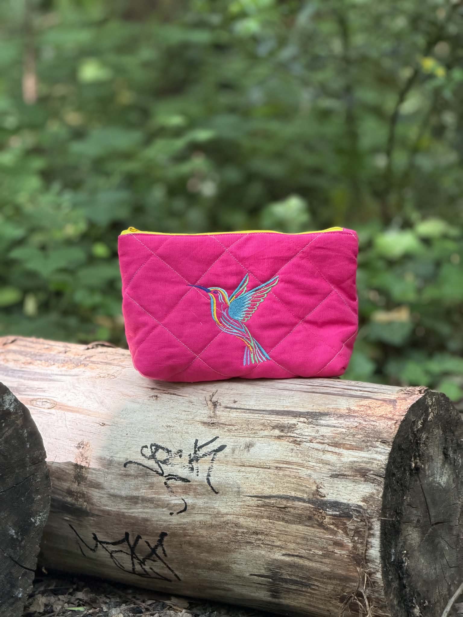 Quilted Cotton Cosmetic Bag with Hummingbird Embroidery – Handmade, One of a Kind - HandmadeSewingAnna's