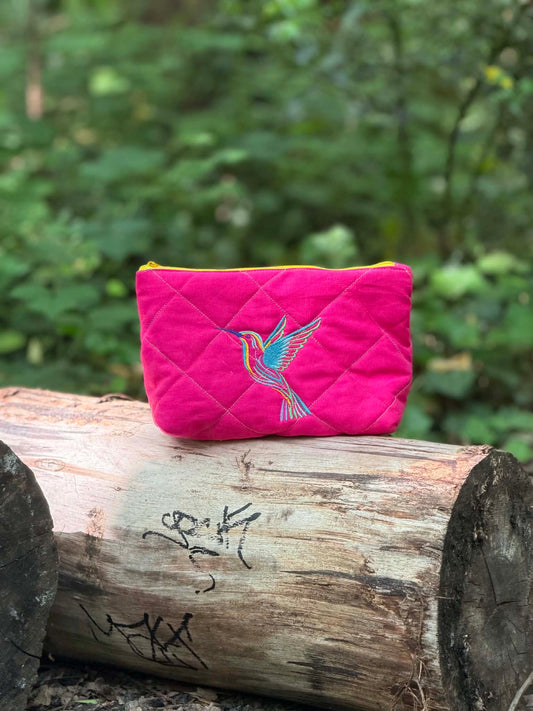 Quilted Cotton Cosmetic Bag with Hummingbird Embroidery – Handmade, One of a Kind - HandmadeSewingAnna's