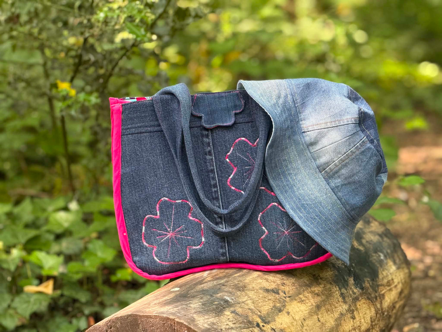 Handmade Upcycled Denim Bag with Pink Trim — One of a Kind - HandmadeSewingAnna's
