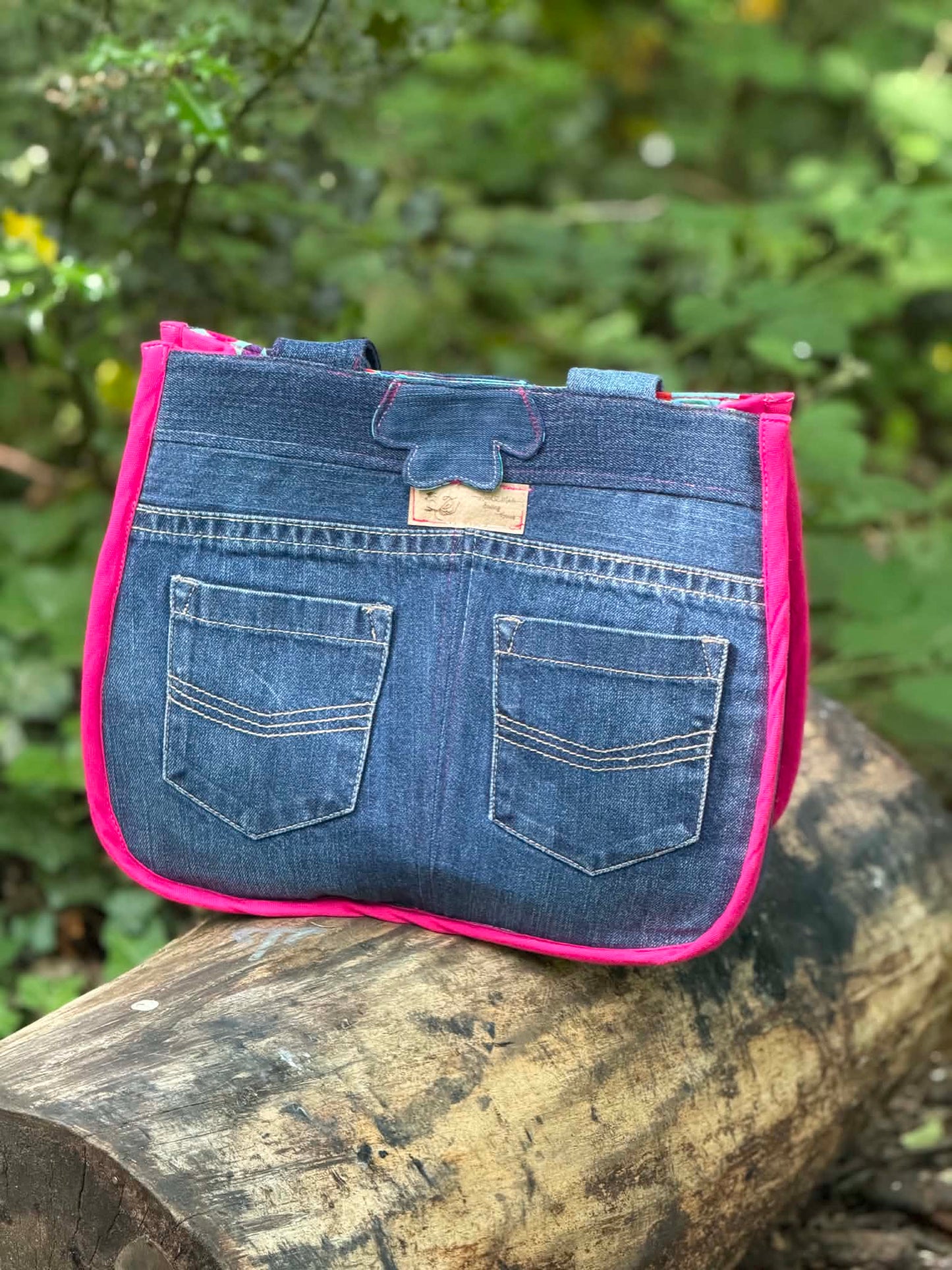 Handmade Upcycled Denim Bag with Pink Trim — One of a Kind - HandmadeSewingAnna's