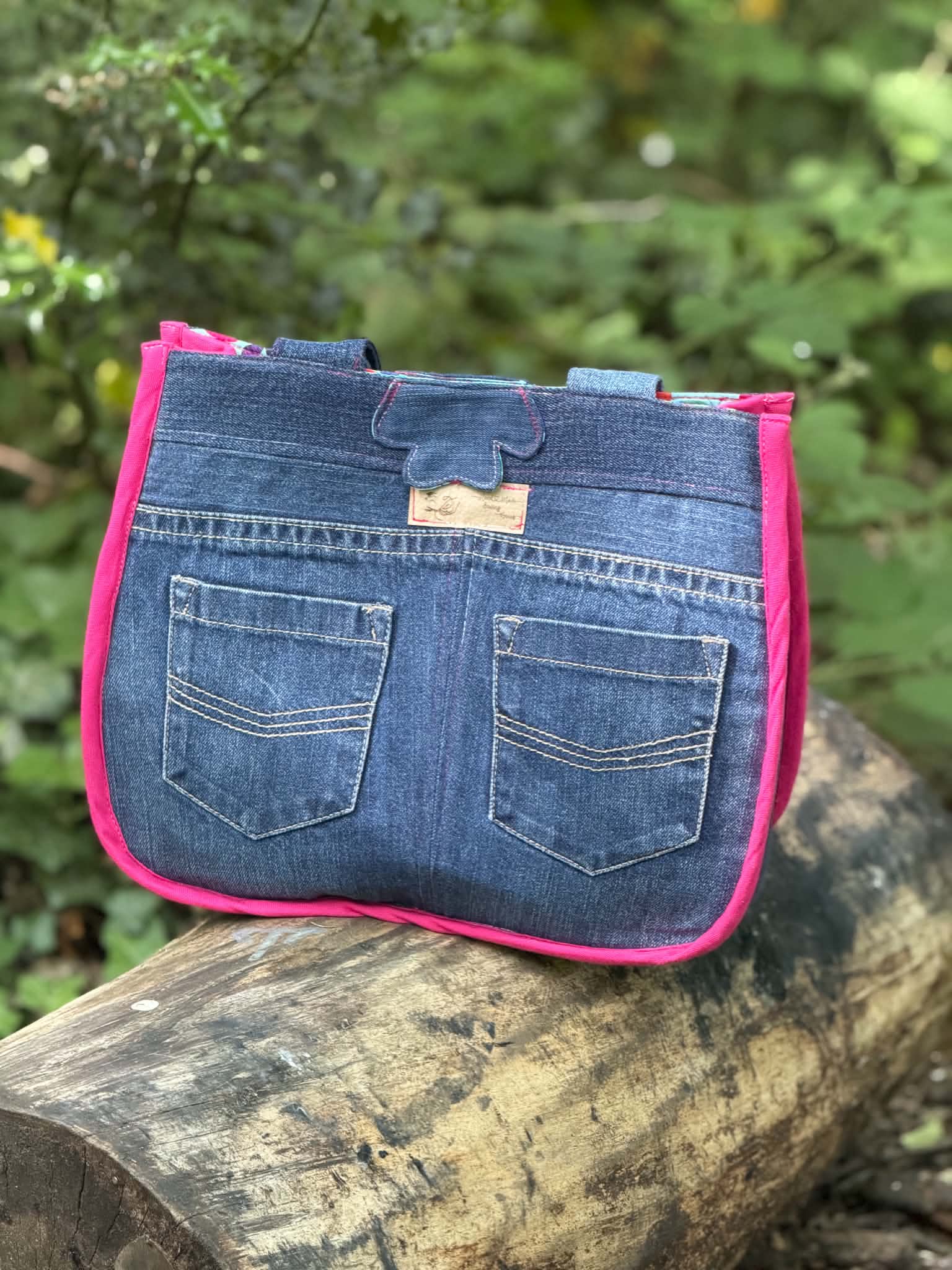 Handmade Upcycled Denim Bag with Pink Trim — One of a Kind - HandmadeSewingAnna's