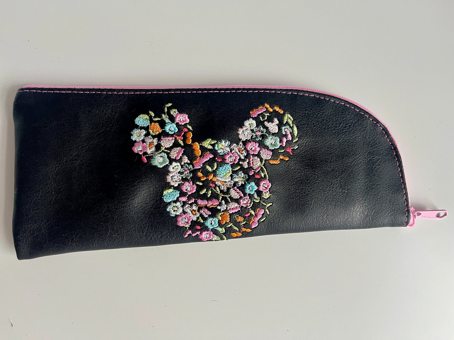Floral Embroidered Eco-Leather Pencil Case - Black - HandmadeSewingAnna's