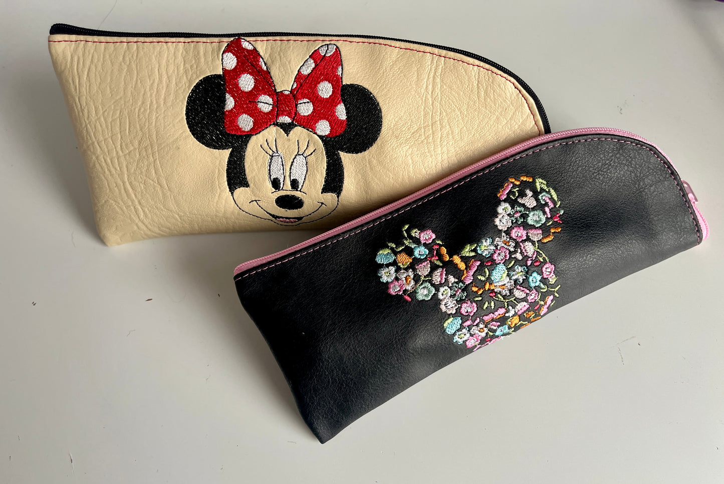 Floral Embroidered Eco-Leather Pencil Case - Black - HandmadeSewingAnna's