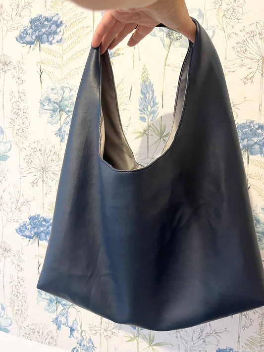 Handmade Hobo Bag - Navy Blue Vegan Leather with Beige Lining