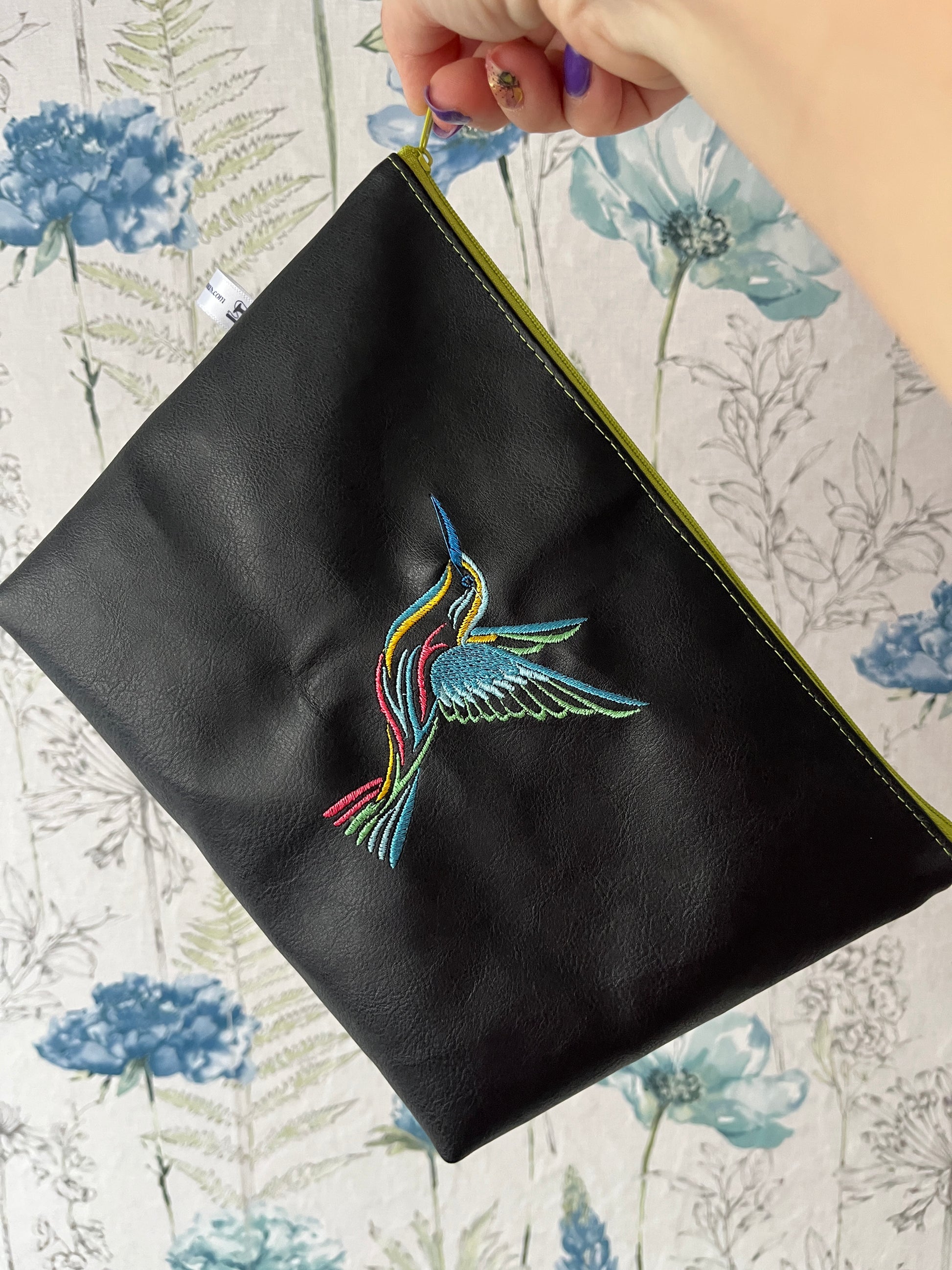 Black Cosmetic Bag with Hummingbird Embroidery - Handmade Faux Leather - HandmadeSewingAnna's