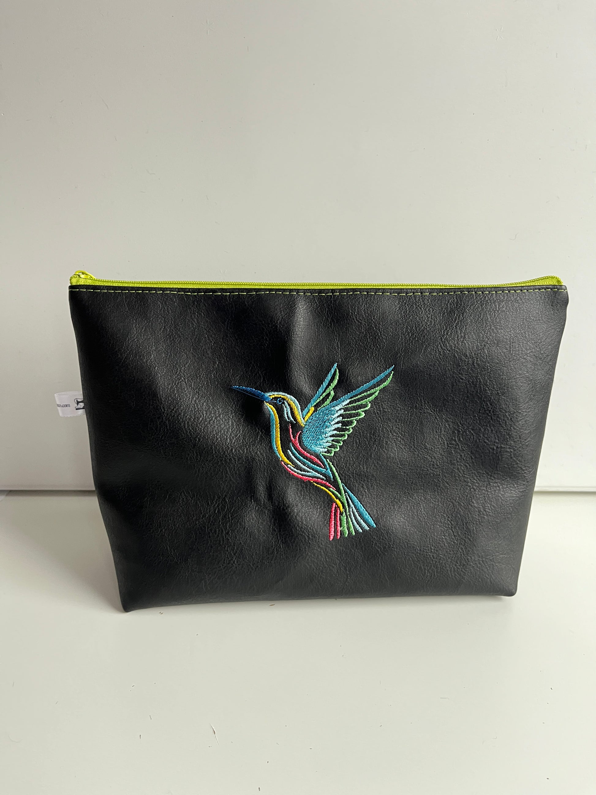 Black Cosmetic Bag with Hummingbird Embroidery - Handmade Faux Leather - HandmadeSewingAnna's