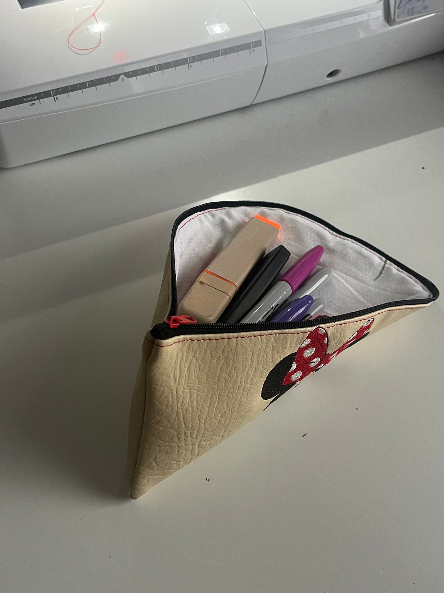 Minnie Mouse Embroidered Eco-Leather Pencil Case - Beige - HandmadeSewingAnna's