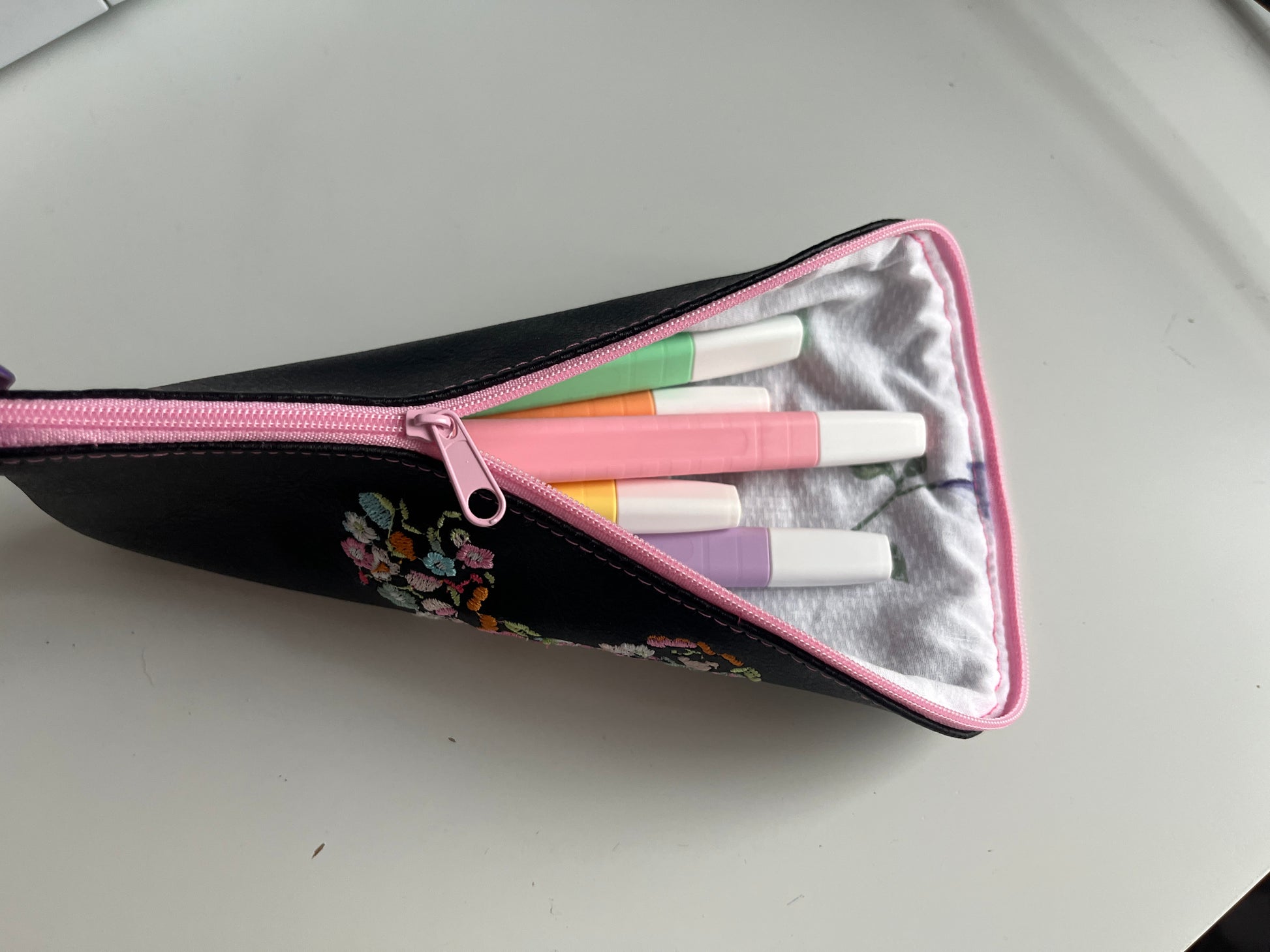 Floral Embroidered Eco-Leather Pencil Case - Black - HandmadeSewingAnna's