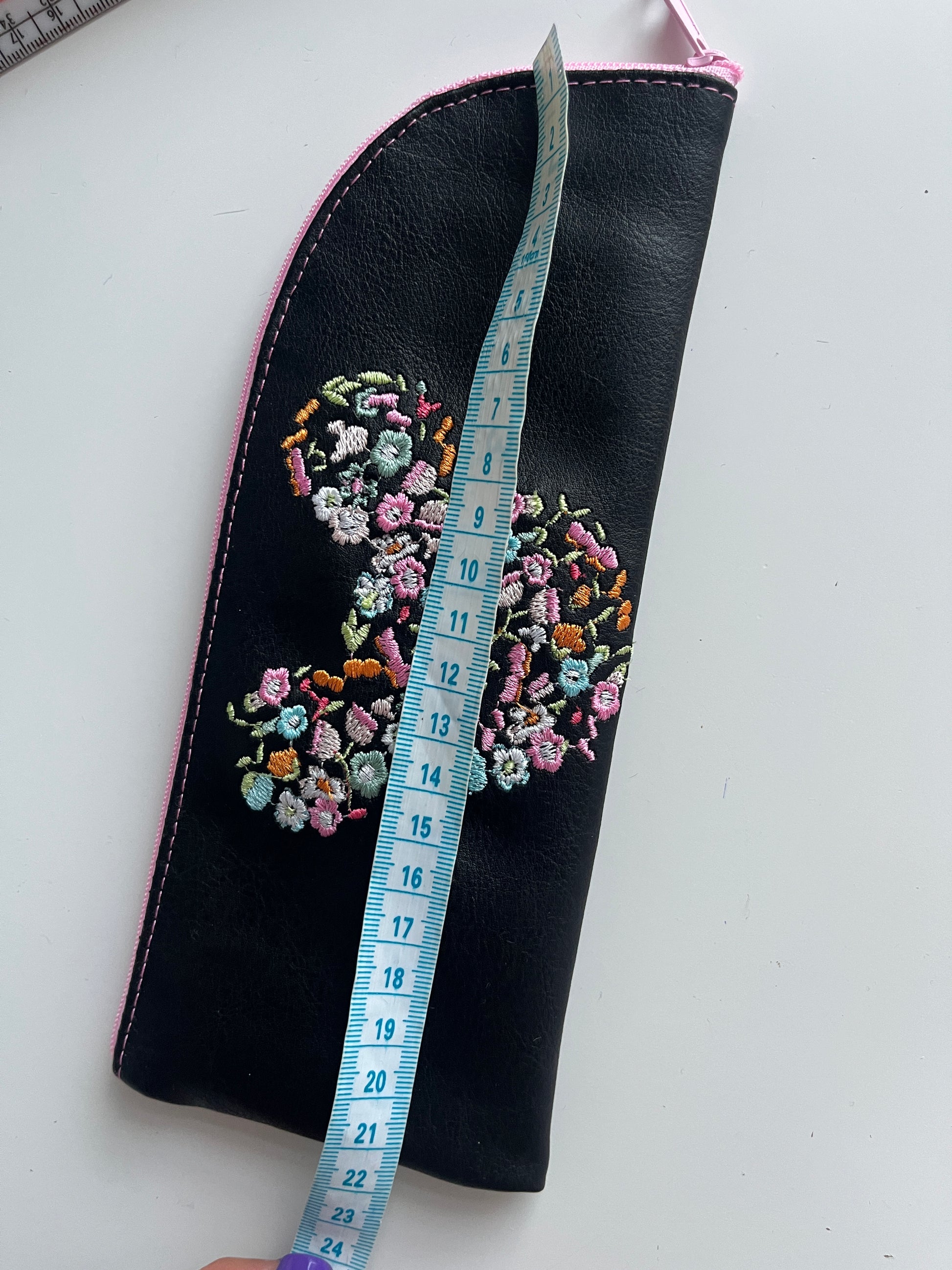 Floral Embroidered Eco-Leather Pencil Case - Black - HandmadeSewingAnna's