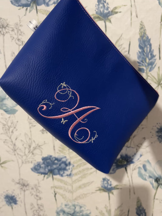 Blue Cosmetic Bag with Floral Embroidery - Handmade Faux Leather